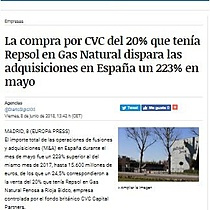 La compra por CVC del 20% que tena Repsol en Gas Natural dispara las adquisiciones en Espaa un 223% en mayo